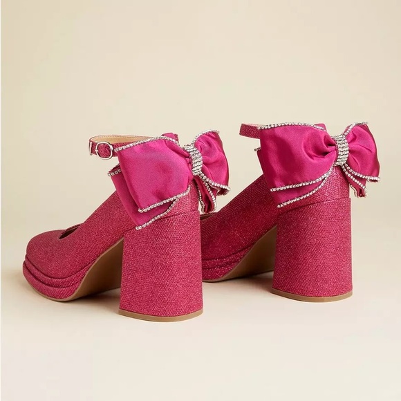 Torrid x Betsey Johnson Glitter Pink Bow Back Block Heel (WW) - Picture 2 of 7